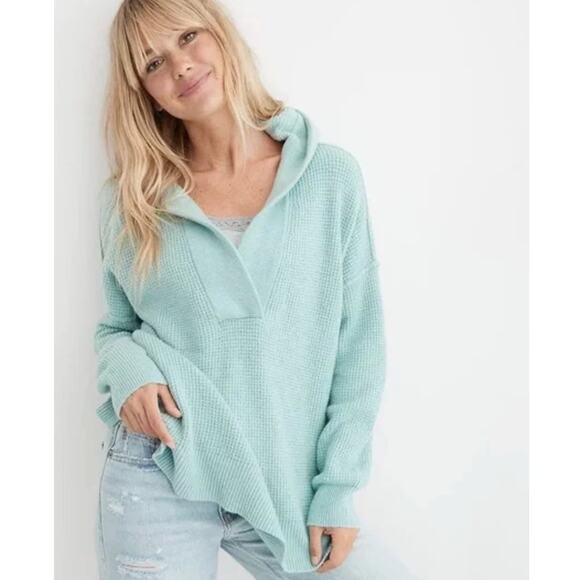 aerie Tops - Aerie Cozy Up Waffle Knit Oversized Sweater Hoodie Blue Green Size M Loungewear
